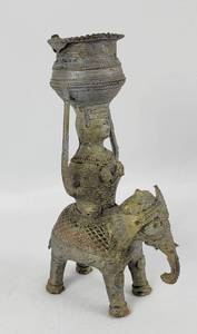 lot 116 image: Vintage Dhokra Lady Elephant Rider IncenseCandlestick Holder