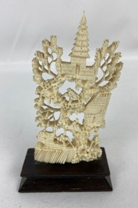 lot 206 image: Antique Chinese Bone Intricate Village Carving on Wood Stand