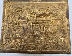 lot 158 image: Antique Chinese Hand Carved Gold Gilded 3D Wooden Panel & Ornate Brass Box
