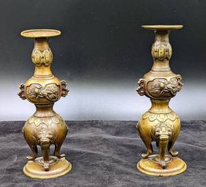 lot 118 image: Antique Pair of Japanese Meiji Era Bronze Candlesticks