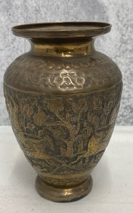 lot 174 image: Small Asian Etched Brass Vase & Two Straw Fans