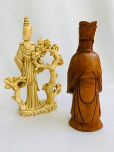 lot 79 image: Two Vintage Asian Spiritual Figurines- Wooden Bearded Elder & G. Ruggeri Resin Sculpture
