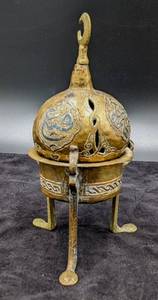 lot 121 image: Antique Islamic Brass, Silver and Copper Damascene Incense Holder
