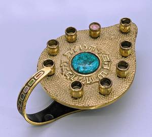 lot 127 image: Oppenheim Israel Brass Menorah with Jeweled Handle