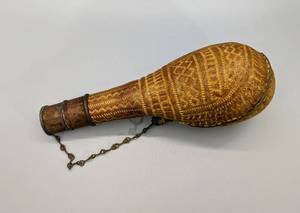 lot 129 image: Antique African Leather Covered Gourd Powder Flask with Brass Closure