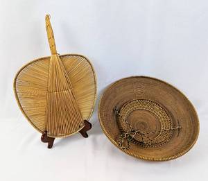 lot 133 image: Vintage New Guinea Handwoven Hat and Fan