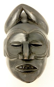 lot 44 image: Large Dark Wood Ibibio Carved Dance Mask - Masked Man w Horns