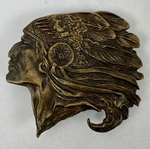 lot 147 image: Pair- Indiana Metal Craft & Bergamot Brass Works Pontiac Chief Belt Buckles
