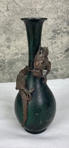 lot 184 image: Japanese Bronze Incense Burner and Green Vase with Silver Metal Dragon