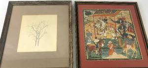 lot 143 image: Intriguing Vintage Framed Art - Tree Sketch and Middle Eastern Festive Scene