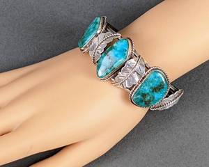 lot 241 image: Signed Sterling Silver & Turquoise Native American Cuff Bracelet- F.B.