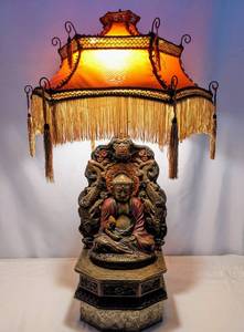 lot 213 image: Fabulous Antique Bronze Polychrome Buddha Lamp by Armor Bronze 1900