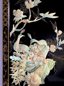 lot 265 image: Four Beautiful Vintage Chinese Lacquer Panels w Mother of Pear Details