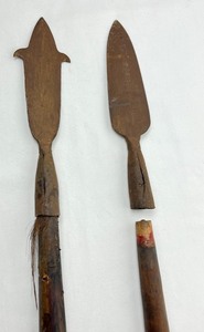 lot 199 image: Two Antique Tribal Iron African Hunting Spears with Ornately Carved Handles- 5 Feet Tall