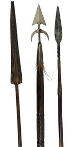 lot 260 image: Three Antique Tribal African Hunting Spears with Detailed Engraving- 4 Ft, 4.3 Ft, & 5 FT Tall