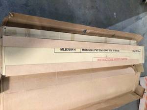 36 in. x 84 in. Millbrooke White H Style Ready to Assemble PVC Vinyl Sliding Barn Door with Hardware Kit by Pinecroft Customer Returns See Pictures