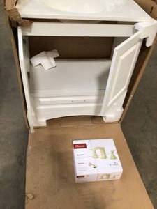 Bath Vanity in White and Pfister Venturi Faucet in Gold  Vanity Top Cracked See Pictures