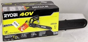 lot 155 image: NEW RYOBI 40V Brushless 14 in. Cordless Battery Chainsaw with 4.0 Ah Battery and Charger (4304)