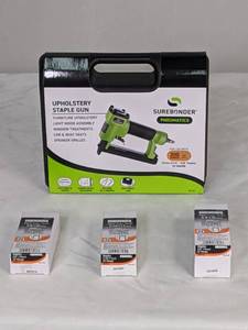lot 57 image: SureBonder Pneumatic Upholstery Stapler with 22-Gauge Upholstery Staples (38 in., 716 in. and 58 in.)