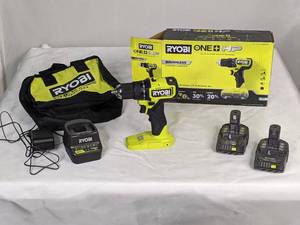 lot 95 image: RYOBI ONE HP 18V Brushless Cordless Compact 12 in. DrillDriver Kit with (2) 1.5 Ah Batteries, Charger and Bag