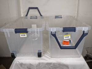 lot 131 image: Set of Two Sterilite 160 qt Clear Wheeled Storage Boxes
