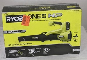 lot 31 image: RYOBI ONE HP 18V Brushless 110 MPH 350 CFM Cordless Variable-Speed Jet Fan Leaf Blower w 4.0 Ah Battery and Charger