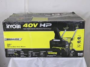 lot 35 image: RYOBI 40V HP Brushless 21 in. Whisper Series Single-Stage Cordless Electric Snow Blower with (2) 7.5 Ah Batteries and Charger