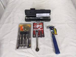 lot 111 image: Collection of Tools Husky SAE Quad Drive Wrench, Buck Brothers Wood Chisel Set, Estwing Ball Peen Hammer and More
