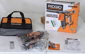 lot 106 image: RIDGID Pneumatic 18-Gauge 2-18 in. Brad Nailer with CLEAN DRIVE Technology, Tool Bag, and Sample Nails