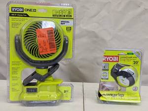 lot 169 image: Ryobi One 18V 4 Clamp Fan and Ryobi Compact Laser Level