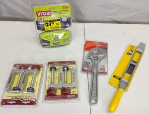 lot 176 image: Lot of NEW Hand Tools Milescraft Fence Clamps, Apex Tool Adjustable Wrench, Stanley Flat File, Ryobi Whole Stud Detector