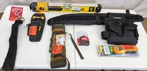 lot 177 image: Lot of NEW Hand Tools Husky Carabiner Strap, Toughbuilt Pliers Case, Bucketboss, Husky Toolbelt, DeWalt Level