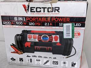lot 209 image: Vector 1200 Peak Amp Jump Starter, Dual Power Inverter, 120 PSI Air Compressor, Two USB Charging Ports, Rechargeable