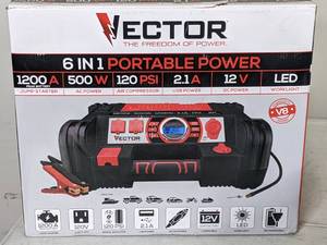lot 211 image: Vector 1200 Peak Amp Jump Starter, Dual Power Inverter, 120 PSI Air Compressor, Two USB Charging Ports, Rechargeable