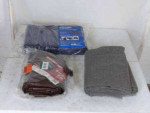 lot 285 image: Set of Everbilt 10 ft. x 12 ft. BrownSilver Heavy-Duty Tarp, Toolmaster 40 in. x 72 in. Moving Blanket, and Grey Rubber Fabric