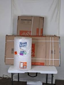 lot 297 image: Shipping Supplies Pratt Retail Specialties Clear Perforated Bubble Cushion Wrap, Heavy-Duty Tall Wardrobe Moving Boxes with Metal Hanging Bar and Heavy-Duty Extra-Large Moving Boxes