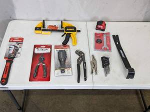 lot 286 image: Assortment of Tools Husky Magnetic Tamperproof TORX L-Key Set (9-Piece), Husky 8 in. Snap Ring Pliers, Crescent 12 in. Self-Adjusting Pipe Wrench, DEWALT 6 in. 300 lbs. Trigger Clamp and More