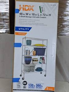 lot 307 image: HDX Chrome Rolling 5-Tier Metal Wire Shelving Unit (48 in. W x 72 in. H x 18 in. D)