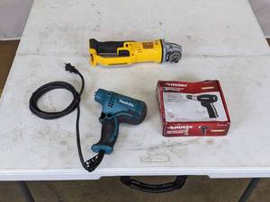 lot 335 image: Husky Medium Stroke Air Hammer, Makita Lightweight Compact Disc Sander, and DeWalt Grinder