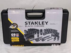 lot 71 image: New Stanley 14 in. & 38 in. Drive Black Chrome Laser Etched SAE Mechanics 69-Piece Tool Set
