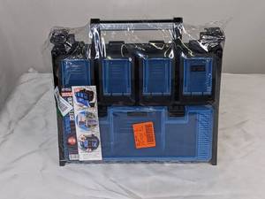 lot 87 image: New Tafco 5-Compartment Wall Mount Quick Release Small Parts Organizer in Blue