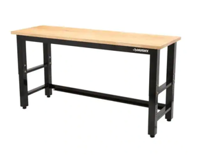 lot 323 image: Husky 6 ft. Adjustable Height Solid Wood Top Workbench in Black for Ready to Assemble Steel Garage Storage System