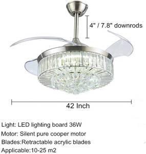 lot 158 image: KALRI 42 Luxury Crystal Ceiling Fan Light wLed Light Kit, Remote Control & Invisible Retractable Blades