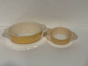 lot 61 image: Vintage Fire King Peach Luster Casserole Dishes