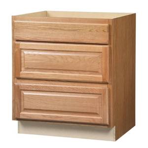 lot 312 image: Hampton Assembled 30 Drawer Base Kitchen Cabinet in Medium Oak (Crack On Back Side See Photos) Model KDB30-MO