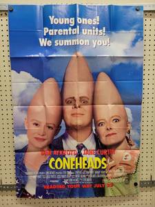 lot 1414 image: 1993 Coneheads Original Double-Sided One Sheet Movie Poster - 27 x 40 - Has Damage, See Pics - Folded