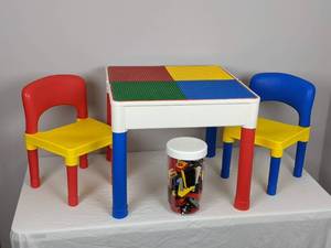 lot 47 image: Little Lego Lover Set up - Lego Top Table and 2 Chairs & Legos