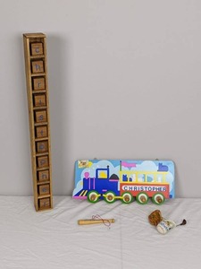 lot 52 image: Personalized Childrens Decor for Christopher Block Tower, Train Hooks, Baseball & Bat