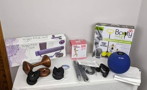 lot 56 image: Fitness Lot Yoga Mat, Ankle Weights, Energy Ball, Jillian Medicine Ball, Booty Max, and Free Weights