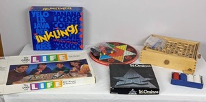 lot 59 image: Classic Board Games LIFE, Inklings, Tri-Ominos, Chinese Checkers, BRIO Labyrinth, and Monopoly